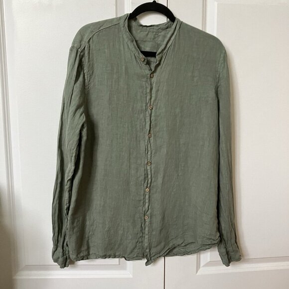 Linen Blouse Womens L Sage Green Button Up Made in Italy Coastal Spring - Picture 1 of 6